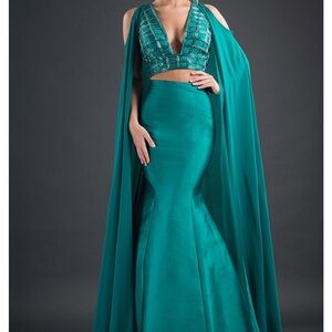 Rachel Allan Turquoise Beaded Prom Gown